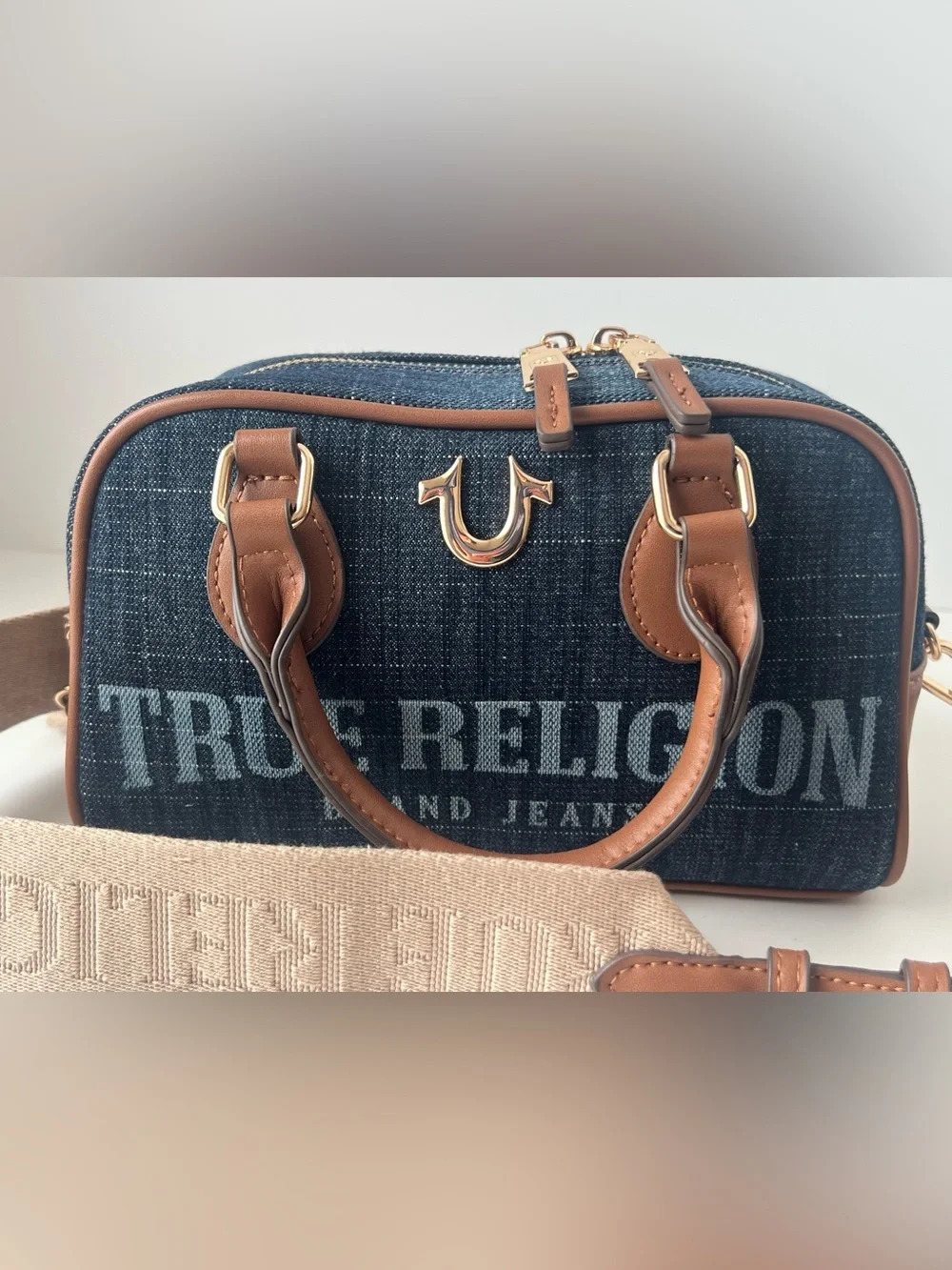 True Religion Denim Satchel in Dark Blue with Brown Trim & Gold Hardware